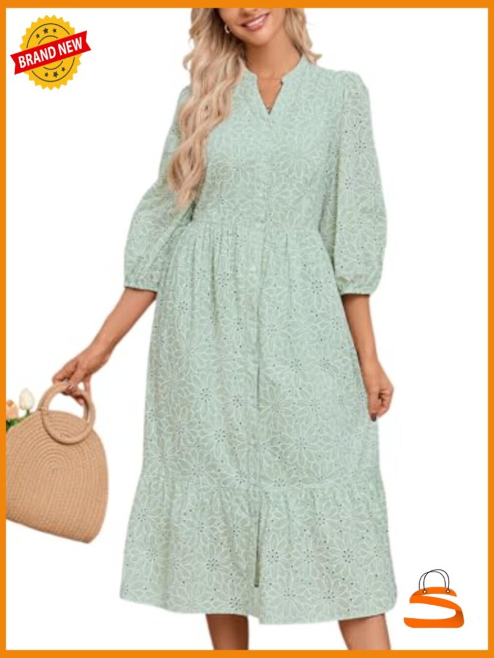 Boho Floral Lace Eyelet Midi Dress 3/4 Sleeve V-Neck Button - Picture 2 of 7